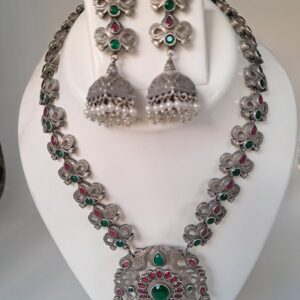 Traditional Oxidized Necklace Set with Jhumka Earrings, Green Red Stones, Ethnic Jewelry