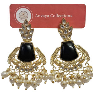Traditional Kundan Pearl Earrings, Black, White and Gold, Crystal Studded Chandbali Style