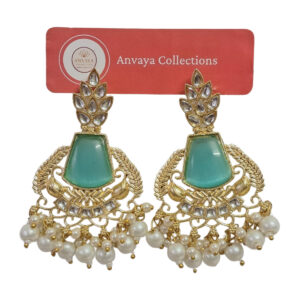 Traditional Kundan Pearl Earrings, Blue, White and Gold, Crystal Studded Chandbali Style