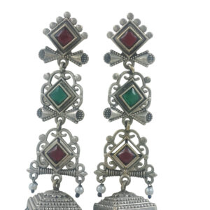 Oxidised Silver Jhumka Earrings, Red and Green Stones, Pearl Beads