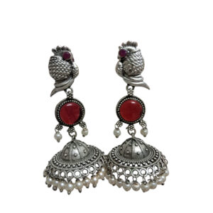 Oxidized Brass Peacock Jhumka Earrings with Red Stone and Pearl Drops – Ethnic Indian Jewelry