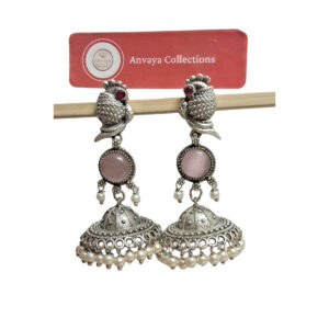 Oxidized Brass Peacock Jhumka Earrings with Pink Stone and Pearl Drops – Ethnic Indian Jewelry