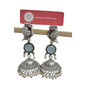 Oxidized Brass Peacock Jhumka Earrings with Blue Stone and Pearl Drops – Ethnic Indian Jewelry