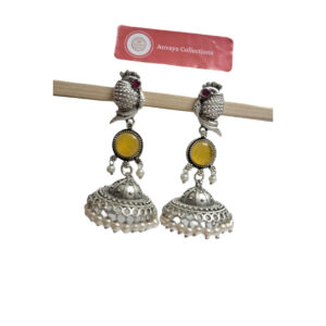 Oxidized Brass Peacock Jhumka Earrings with Yellow Stone and Pearl Drops – Ethnic Indian Jewelry