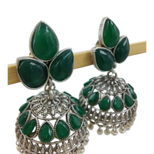 Oxidized Brass Jhumka Earrings with Green Gemstones and Pearl Detailing