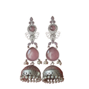 Pink Stone Jhumka Earrings, Traditional Silver-Toned Pearl Drops, Long Statement Chandelier Design