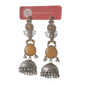 Yellow Stone Jhumka Earrings, Traditional Silver-Toned Pearl Drops, Long Statement Chandelier Design