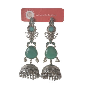 Green Stone Jhumka Earrings, Traditional Silver-Toned Pearl Drops, Long Statement Chandelier Design