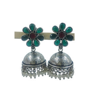 Oxidized Brass Jhumka Earrings with Green and Red Floral Design and Pearls – Traditional Ethnic Jewelry for Women