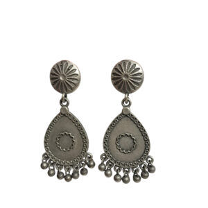 Oxidised Silver Teardrop Earrings with Floral Stud and Hanging Beads, Traditional Ethnic Design