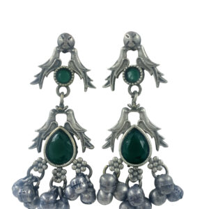 Vintage Style Green Stone Earrings, Antique Silver Finish, Bell Cluster Design