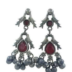 Vintage Style Red Stone Earrings, Antique Silver Finish, Bell Cluster Design