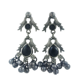 Vintage Style Black Stone Earrings, Antique Silver Finish, Bell Cluster Design