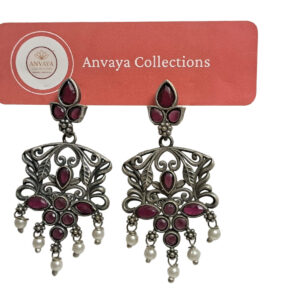 Oxidized Silver Earrings, Ruby Red Stones with Pearl Drops, Traditional Floral Design