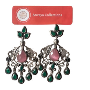 Traditional Oxidized Brass Peacock Earrings with Pink and Green Stones – Ethnic Indian Jewelry for Women