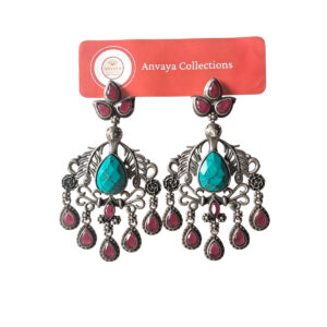 Anvaya Collections Oxidized Brass Peacock Earrings with terqoise and red Stones