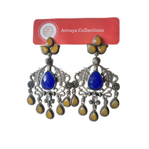 Anvaya Collections Traditional Oxidized Brass Peacock Earrings withBlue and Yellow Stones – Ethnic Indian Jewelry for Women