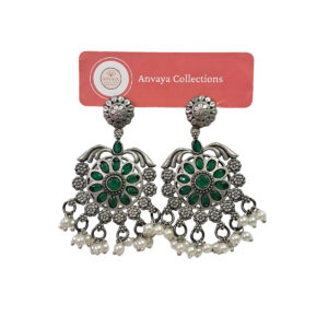 Oxidized Silver Floral Earrings with Green Stones and Pearl Drops, Traditional Indian Jewellery