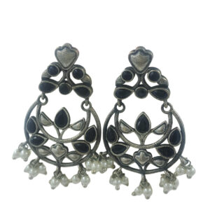Elegant Black Stone Oxidized Brass Earrings with Pearly Beads – Traditional Ethnic Jewellery for Women