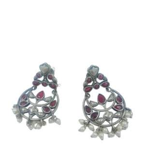 Elegant Red Stone Oxidized Brass Earrings with Pearly Beads – Traditional Ethnic Jewellery for Women
