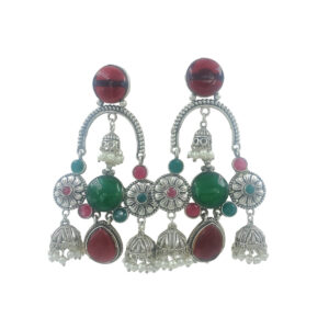 Traditional Silver-Toned Jhumka Earrings with Green and Maroon Stones, Pearl Drops, Floral Design
