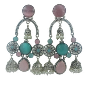 Traditional Silver-Toned Jhumka Earrings with Pink and Blue Stones, Pearl Drops, Floral Design