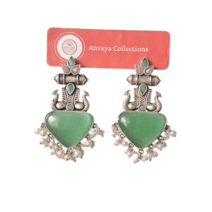 Vintage Style Green Stone Earrings with Pearl Drops, Oxidised Silver