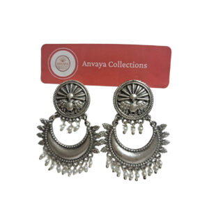 Oxidized Silver Chandbali Earrings with Pearl Drops, Traditional Indian Design.