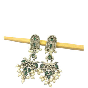 Oxidized Silver Dangle Earrings with Green Stones and Pearl Beads