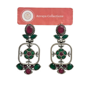 Vintage Style Ruby Red and Green Crystal Drop Earrings, Antique Silver Tone, Floral Design
