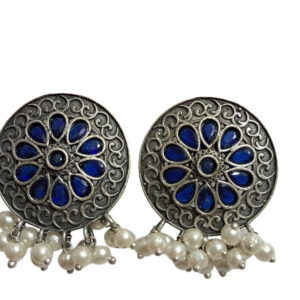 Vintage Style Blue Stone Earrings with Pearl Drops, Oxidised Silver Finish.