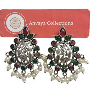 Traditional Pearl Drop Earrings with Ruby, Emerald Red and Green Stones, Silver-Toned