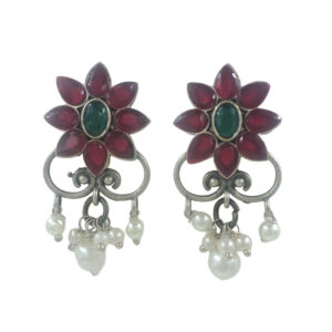 Floral Drop Earrings, Red and Green Stone with Pearl Danglers, Antique Silver Finish
