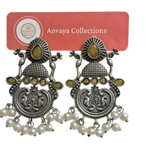 Antique Silver Oxidized Pearl Drop Earrings, Traditional Design with Yellow Stone