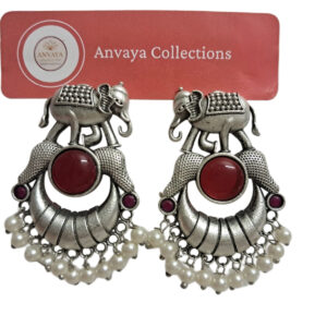 Oxidized Silver Elephant Earrings with Maroon Red Stone and Pearl Drops, Traditional Chandelier Design