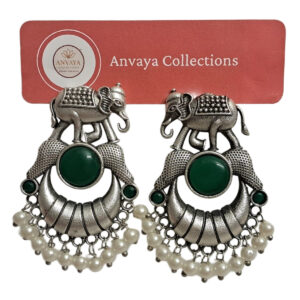 Oxidized Silver Elephant Earrings with Green Stone and Pearl Drops, Traditional Chandelier Design