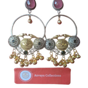 Traditional Hoop Earrings, Pink Stone and Gold Ghungroo, Oxidised Silver Design
