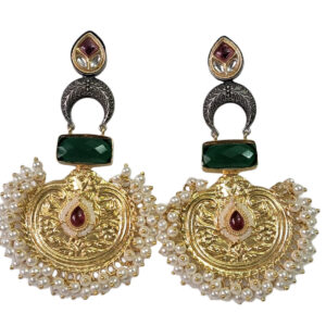 Traditional Oxidized Brass Earrings with Green Stone, Pearl Fringe, and Antique Gold Finish