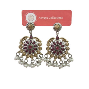 Traditional Floral Earrings, Ruby Red and Gold-Toned, Pearl Beaded Chandelier Design