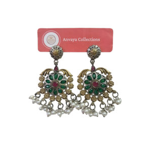 Traditional Floral Earrings, Ruby Red, Green and Gold-Toned, Pearl Beaded Chandelier Design