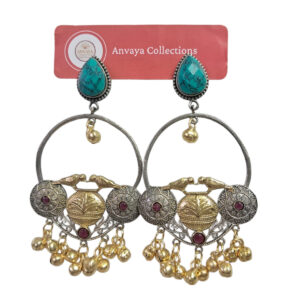 Turquoise Blue and Gold Hoop Earrings, Traditional Design with Ruby Stones, Ghungroo Bell Danglers