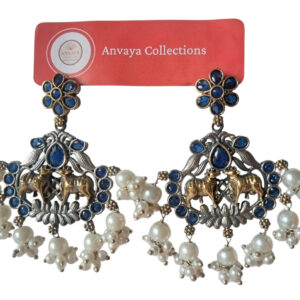Pearl Drop Earrings, Blue Stone Studded, Gold and Silver Finish