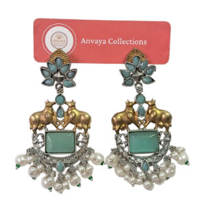 Vintage Style Earrings, Turquoise Blue Stone with Gold Bulls Design, Pearl Cluster Drop, Silver Finish