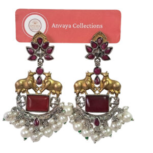 Vintage Style Earrings, Maroon Red Stone with Gold Bulls Design, Pearl Cluster Drop, Silver Finish