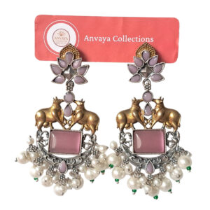 Vintage Style Earrings, Pink Stone with Gold Bulls Design, Pearl Cluster Drop, Silver Finish