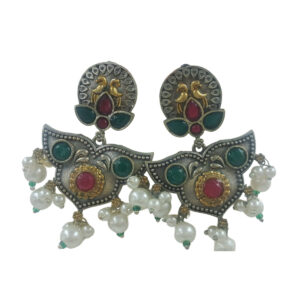 Traditional Earrings, Green and Red Stones with Pearl Drops, Antique Silver and Gold Dual Tone