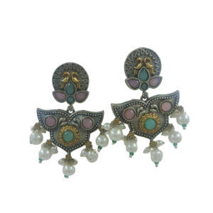 Traditional Earrings, Pink and Blue Stones with Pearl Drops, Antique Silver and Gold Dual Tone