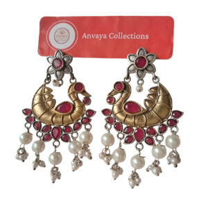 Traditional Chandbali Earrings, Gold-Toned with Ruby Red Stones and Pearl Drops