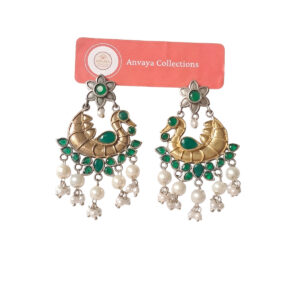 Traditional Chandbali Earrings, Gold-Toned with Ruby Green Stones and Pearl Drops