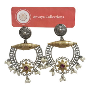 Dual-Tone Pearl Drop Earrings, Traditional Design with Ruby Centre (Red), Silver and Gold Finish.